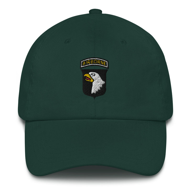 A spruce colored 101st Airborne Hat with the logo on the front.  The hat has a curved visor and an adjustable strap at the back.