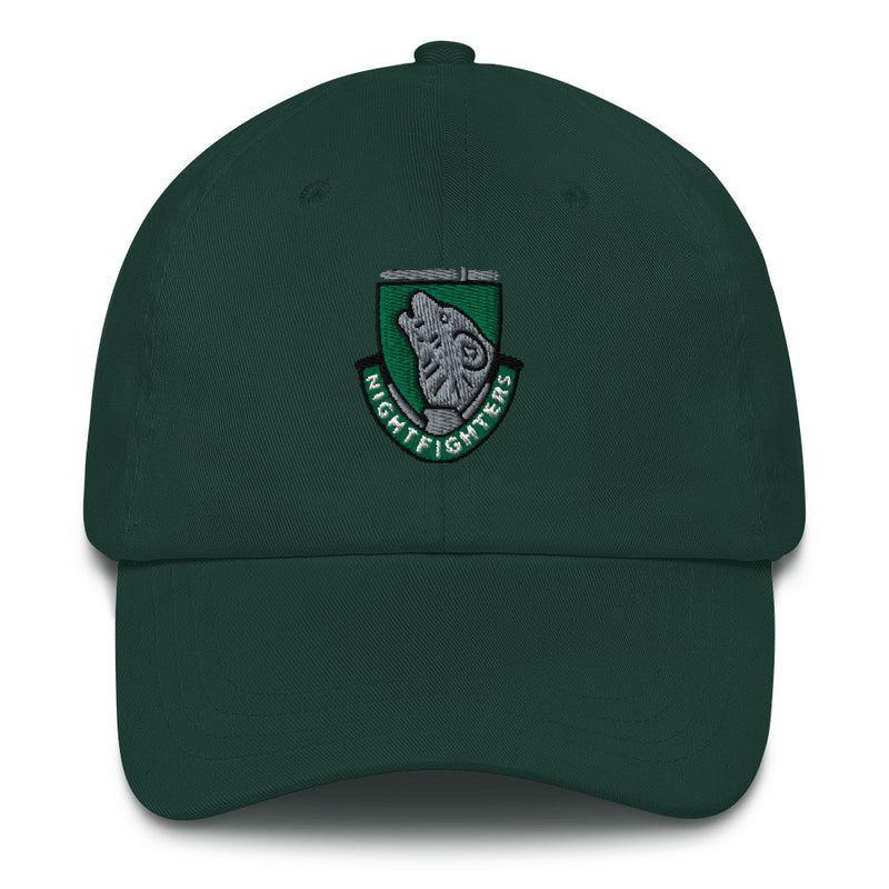 A spruce colored 104th Infantry Division Hat with the logo on the front.  The hat has a curved visor and an adjustable strap at the back.