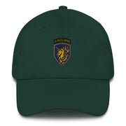 A spruce colored 13th Airborne Division Hat with the logo on the front.  The hat has a curved visor and an adjustable strap at the back.