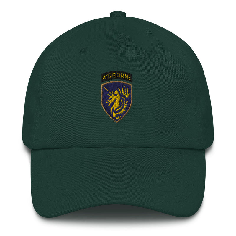 A spruce colored 13th Airborne Division Hat with the logo on the front.  The hat has a curved visor and an adjustable strap at the back.