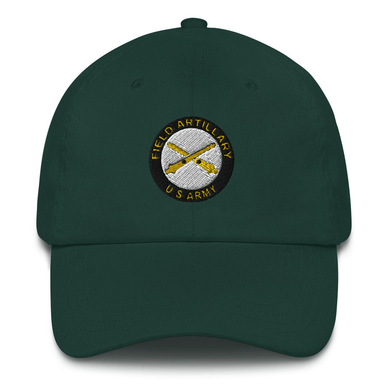 A spruce colored US Army Field Artillery Hat with the logo on the front.  The hat has a curved visor and an adjustable strap at the back.
