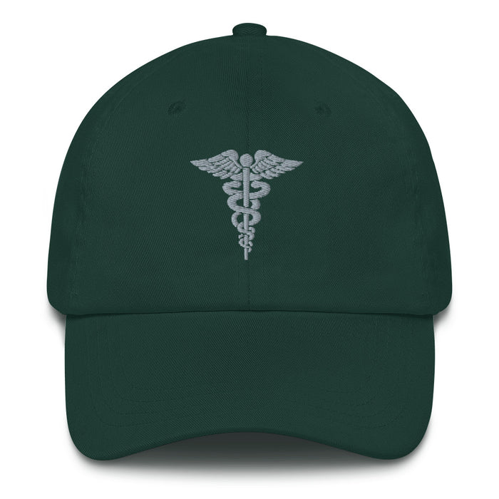 A spruce colored Hospital Corpsman Hat with the logo on the front.  The hat has a curved visor and an adjustable strap at the back.