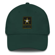 A spruce colored United States Army Hat with the logo on the front.  The hat has a curved visor and an adjustable strap at the back.
