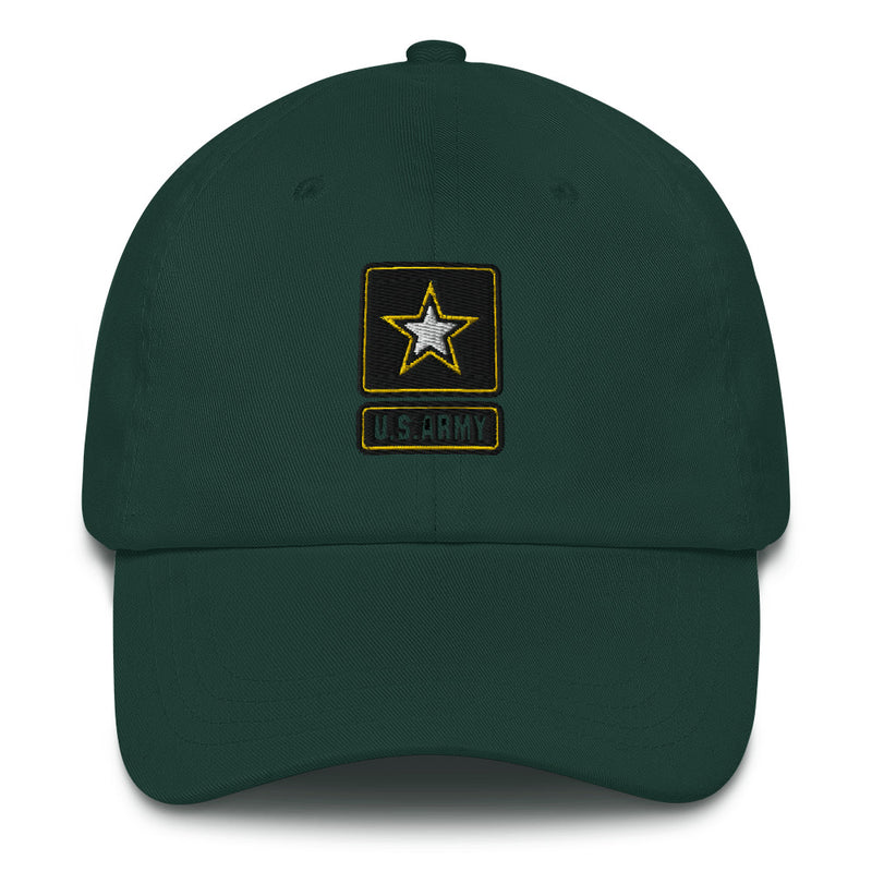 A spruce colored United States Army Hat with the logo on the front.  The hat has a curved visor and an adjustable strap at the back.