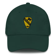 A spruce colored 1st Air Cavalry Brigade Hat with the logo on the front.  The hat has a curved visor and an adjustable strap at the back.