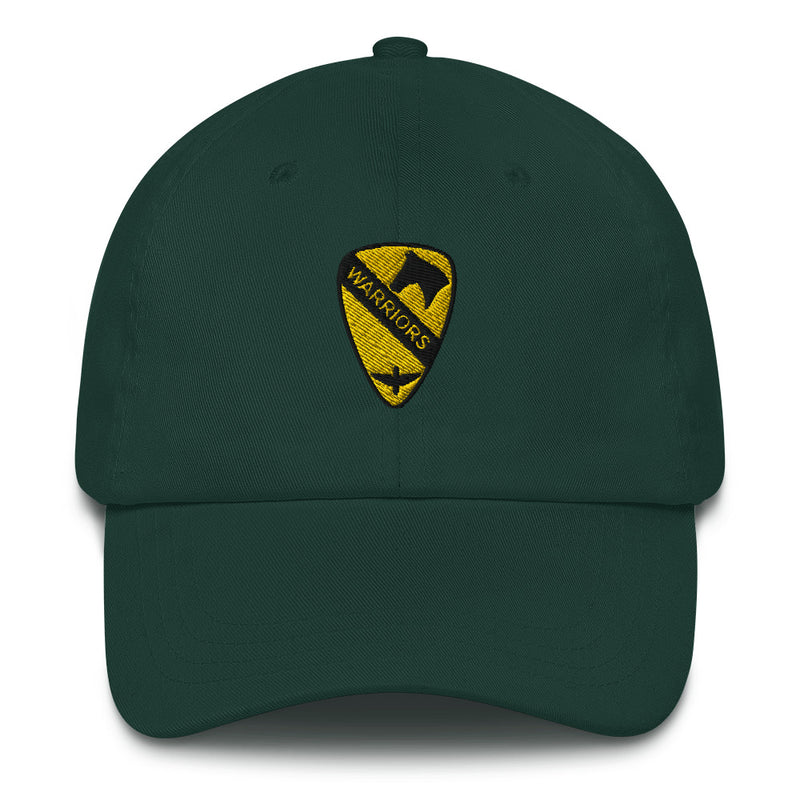 A spruce colored 1st Air Cavalry Brigade Hat with the logo on the front.  The hat has a curved visor and an adjustable strap at the back.