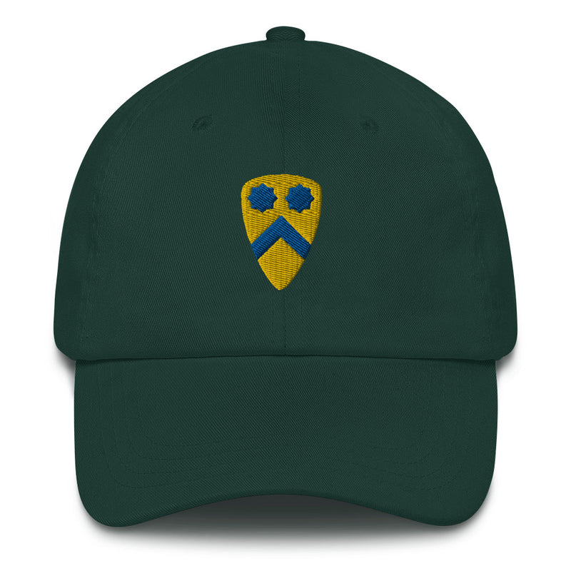 A spruce colored 2nd Cavalry Division Hat with the logo on the front.  The hat has a curved visor and an adjustable strap at the back.