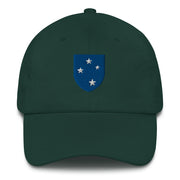 A spruce colored 23rd Infantry Division Hat with the logo on the front.  The hat has a curved visor and an adjustable strap at the back.