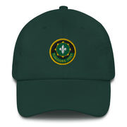 A spruce colored 2nd-cavalry-regiment Hat with the logo on the front.  The hat has a curved visor and an adjustable strap at the back.