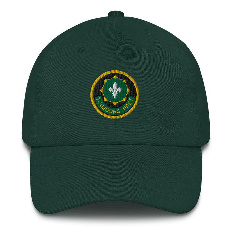 A spruce colored 2nd-cavalry-regiment Hat with the logo on the front.  The hat has a curved visor and an adjustable strap at the back.