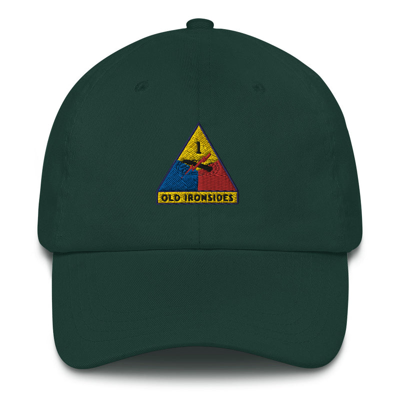 A spruce colored 1st Armored Division Hat with the logo on the front.  The hat has a curved visor and an adjustable strap at the back.