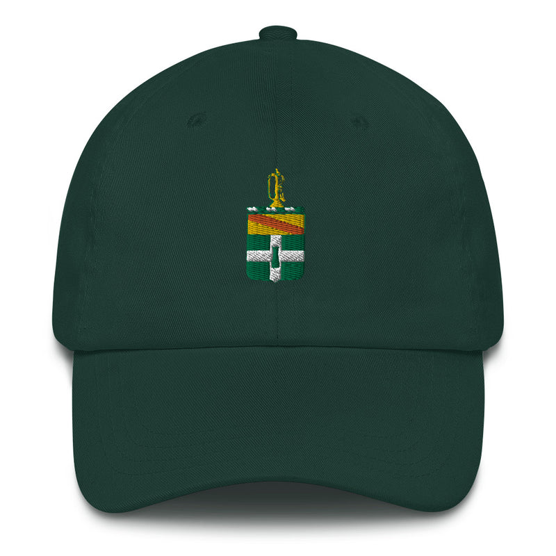 A spruce colored 3rd Cavalry Regiment Hat with the logo on the front.  The hat has a curved visor and an adjustable strap at the back.