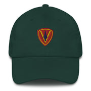 A spruce colored 5th Marine Division Hat with the logo on the front.  The hat has a curved visor and an adjustable strap at the back.