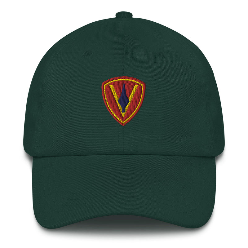 A spruce colored 5th Marine Division Hat with the logo on the front.  The hat has a curved visor and an adjustable strap at the back.
