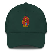 A spruce colored 2nd Marine Division Hat with the logo on the front.  The hat has a curved visor and an adjustable strap at the back.