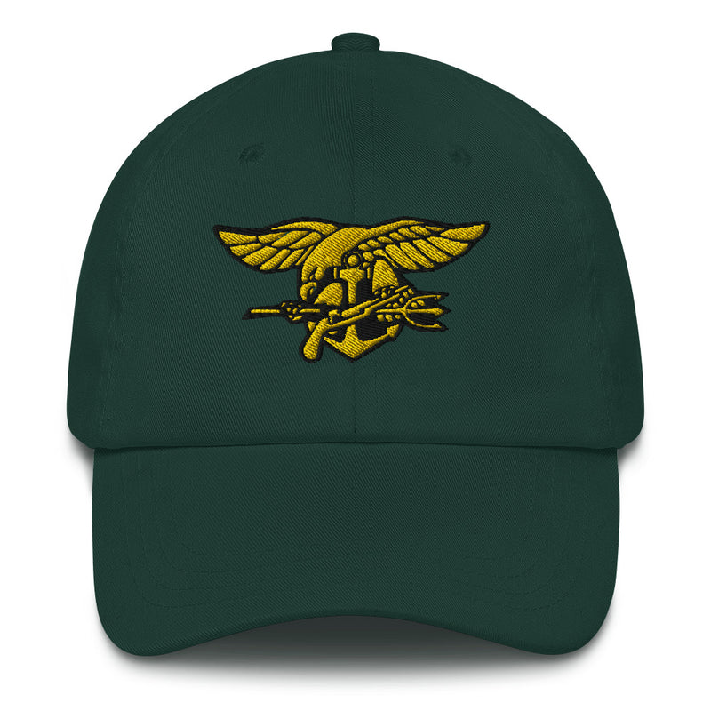 A spruce colored Navy Seals Hat with the logo on the front.  The hat has a curved visor and an adjustable strap at the back.