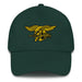 A spruce colored Navy Seals Hat with the logo on the front.  The hat has a curved visor and an adjustable strap at the back.