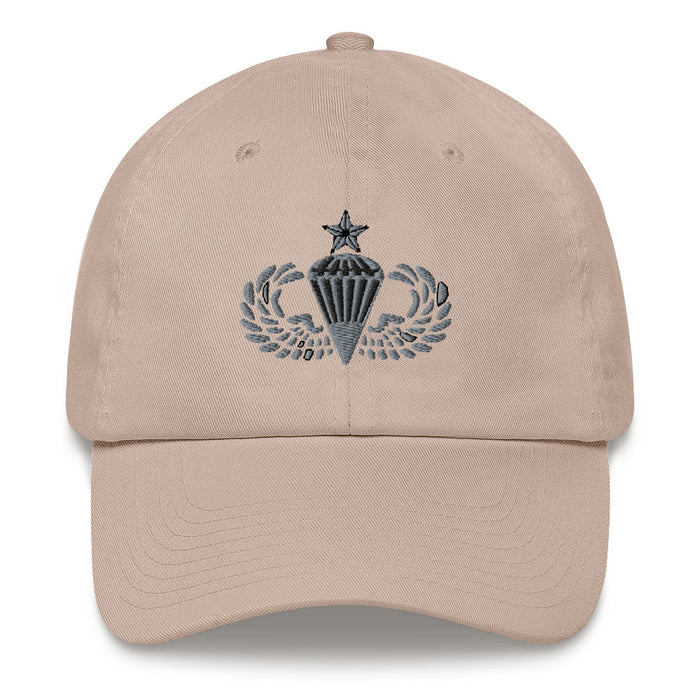 A stone colored Senior Parachutist Division Hat with the logo on the front.  The hat has a curved visor and an adjustable strap at the back.