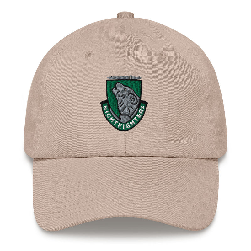 A stone colored 104th Infantry Division Hat with the logo on the front.  The hat has a curved visor and an adjustable strap at the back.