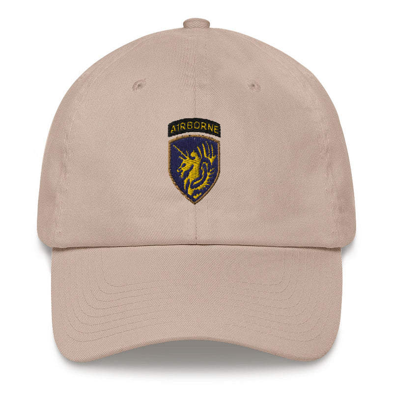 A stone colored 13th Airborne Division Hat with the logo on the front.  The hat has a curved visor and an adjustable strap at the back.