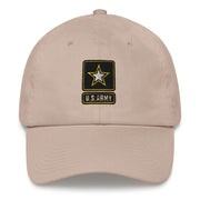 A stone colored United States Army Hat with the logo on the front.  The hat has a curved visor and an adjustable strap at the back.