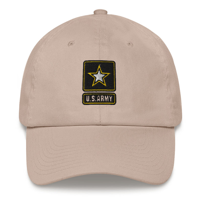 A stone colored United States Army Hat with the logo on the front.  The hat has a curved visor and an adjustable strap at the back.