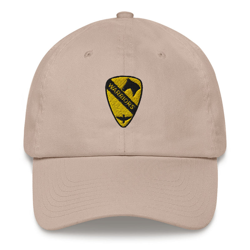 A stone colored 1st Air Cavalry Brigade Hat with the logo on the front.  The hat has a curved visor and an adjustable strap at the back.