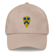 A stone colored 2nd Cavalry Division Hat with the logo on the front.  The hat has a curved visor and an adjustable strap at the back.