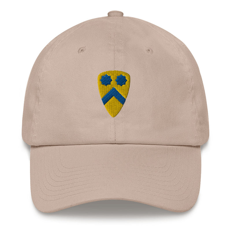 A stone colored 2nd Cavalry Division Hat with the logo on the front.  The hat has a curved visor and an adjustable strap at the back.