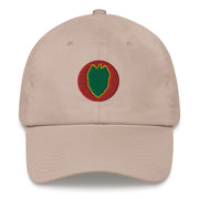 A stone colored 24th Infantry Division Hat with the logo on the front.  The hat has a curved visor and an adjustable strap at the back.