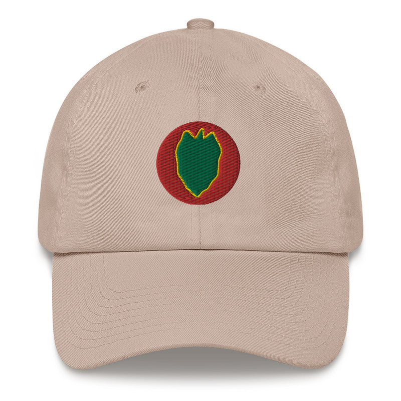A stone colored 24th Infantry Division Hat with the logo on the front.  The hat has a curved visor and an adjustable strap at the back.