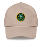A stone colored 2nd-cavalry-regiment Hat with the logo on the front.  The hat has a curved visor and an adjustable strap at the back.
