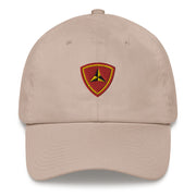 A stone colored 3rd Marine Division Hat with the logo on the front.  The hat has a curved visor and an adjustable strap at the back.
