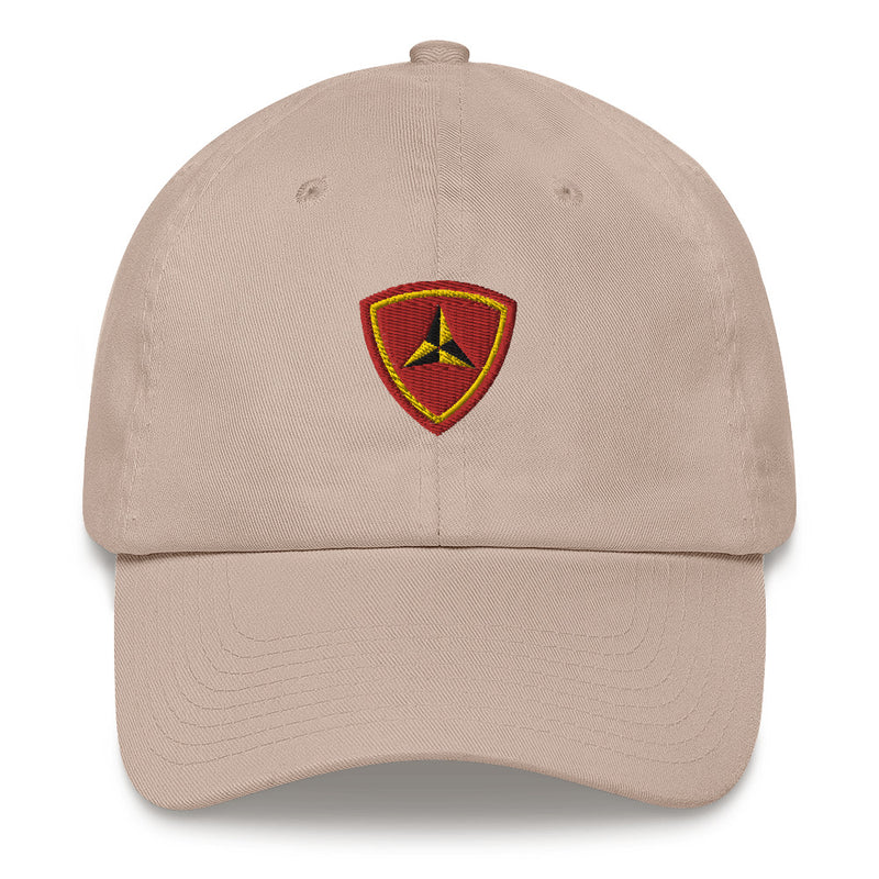 A stone colored 3rd Marine Division Hat with the logo on the front.  The hat has a curved visor and an adjustable strap at the back.