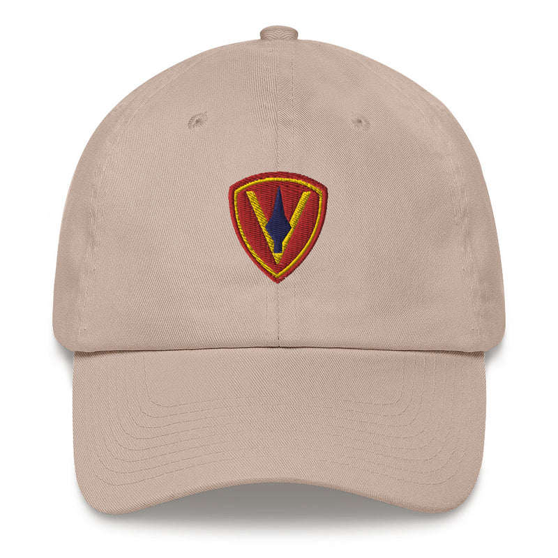 A stone colored 5th Marine Division Hat with the logo on the front.  The hat has a curved visor and an adjustable strap at the back.