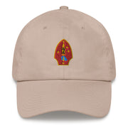 A stone colored 2nd Marine Division Hat with the logo on the front.  The hat has a curved visor and an adjustable strap at the back.