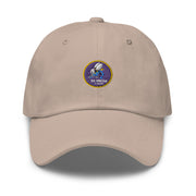 A stone colored Navy Seabees Hat with the logo on the front.  The hat has a curved visor and an adjustable strap at the back.