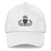 A white Master Parachutist Hat with the logo on the front.  The hat has a curved visor and an adjustable strap at the back.