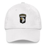 A white 101st Airborne Hat with the logo on the front.  The hat has a curved visor and an adjustable strap at the back.