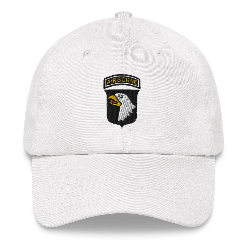 A white 101st Airborne Hat with the logo on the front.  The hat has a curved visor and an adjustable strap at the back.