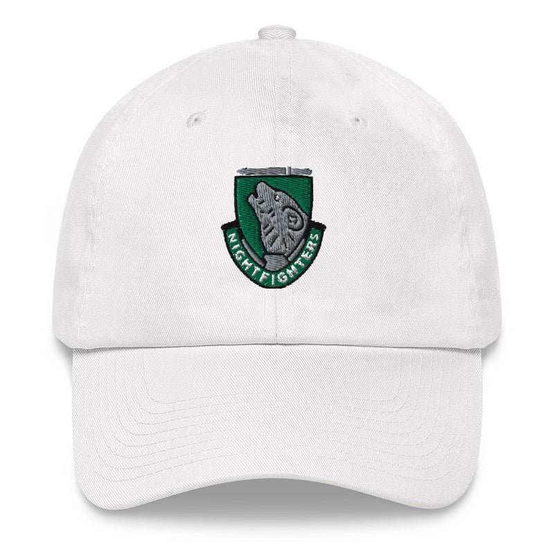 A white 104th Infantry Division Hat with the logo on the front.  The hat has a curved visor and an adjustable strap at the back.