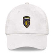 A white 13th Airborne Division Hat with the logo on the front.  The hat has a curved visor and an adjustable strap at the back.