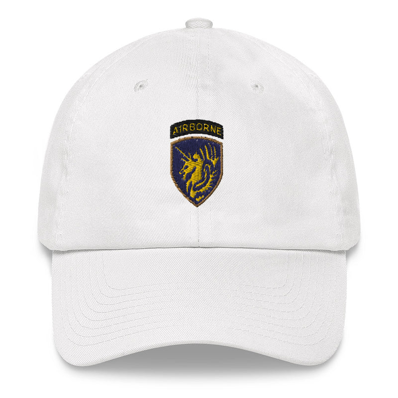 A white 13th Airborne Division Hat with the logo on the front.  The hat has a curved visor and an adjustable strap at the back.