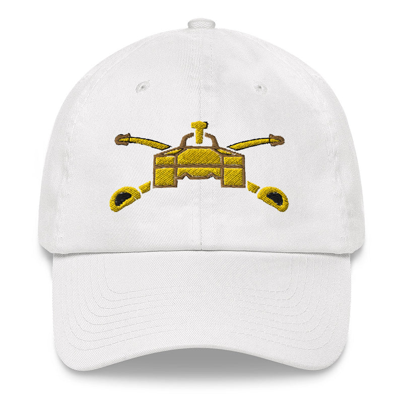 A white Army Armor Hat with the logo on the front.  The hat has a curved visor and an adjustable strap at the back.