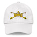 A white Army Armor Hat with the logo on the front.  The hat has a curved visor and an adjustable strap at the back.