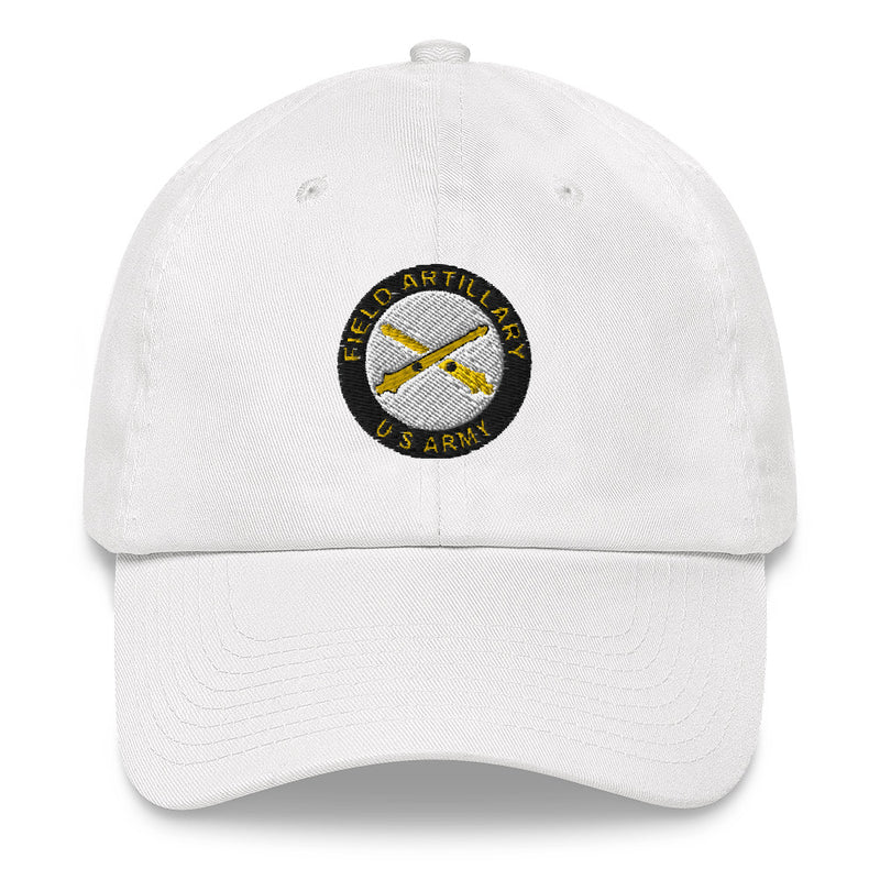 A white US Army Field Artillery Hat with the logo on the front.  The hat has a curved visor and an adjustable strap at the back.