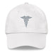 A white Hospital Corpsman Hat with the logo on the front.  The hat has a curved visor and an adjustable strap at the back.