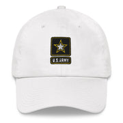 A white United States Army Hat with the logo on the front.  The hat has a curved visor and an adjustable strap at the back.