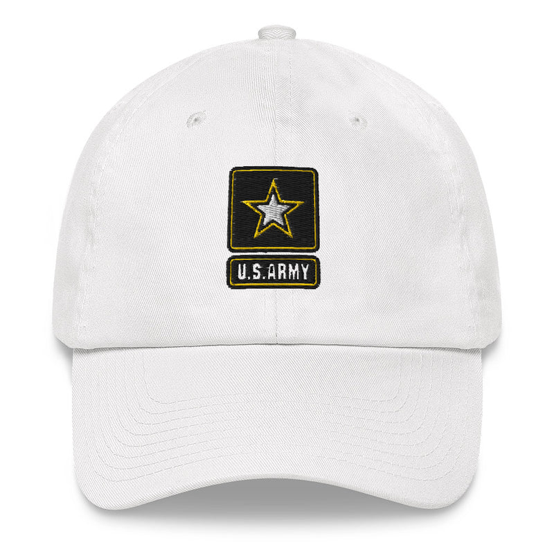 A white United States Army Hat with the logo on the front.  The hat has a curved visor and an adjustable strap at the back.