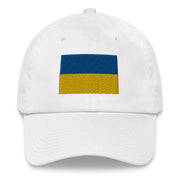 A white Ukrainian Flag Hat with the logo on the front.  The hat has a curved visor and an adjustable strap at the back.